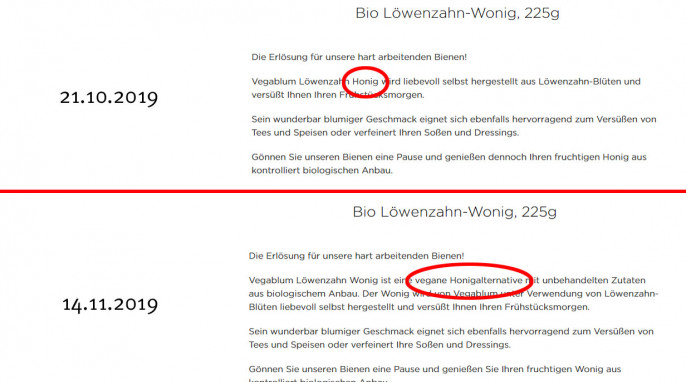 alt: Beschreibung, Angebot Bio Löwenzahn-Wonig auf greenist.de, vor Mitte November 2019, neu: ab Mitte November 2019