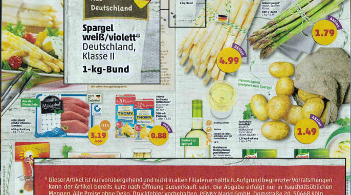 Werbung für „Spargel aus Deutschland“ im PENNY Angebotsflyer vom 15.-20.05.2017, Seiten 8 - 9