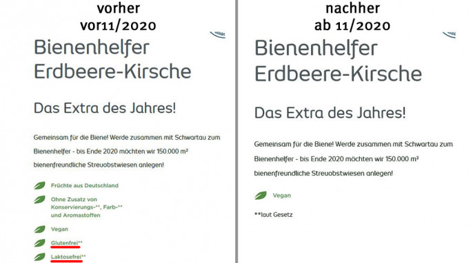 alt: Werbung Schwartau Bienenhelfer Erdbeere-Kirsche, schwartau.de, 13.05.2020; neu: 10.11.2020