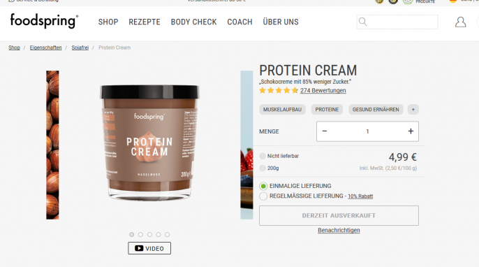 Angebot foodspring Protein Cream Haselnuss, foodspring.de 07.03.