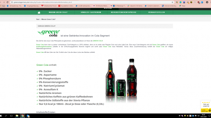Beschreibung, Green Cola auf greencolagermany.de, 20.02.2020