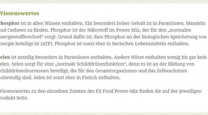 Wissenswertes, Kluth Fit Food Power-Mix auf kluth-shop.de, Screenshot 27.07.2017