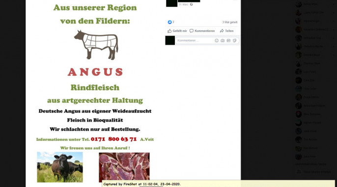 Werbung, Angus Rindfleisch, Nutzer auf facebook.com, 23.04.2020