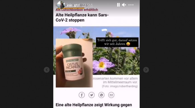 Werbung für LR Health and Beauty Cistus Incanus, Instagram, 08.01.2021 