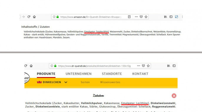 Vergleich Zutaten, Dr. Quendt Original Dinkelchen auf dr-quendt.de und amazon.de, 08.05.2020 