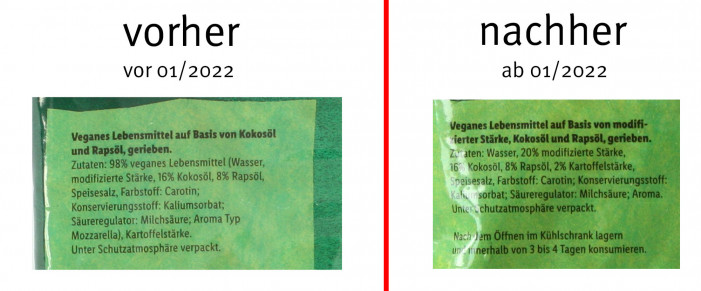 Bezeichnung und Zutaten, alt: Vemondo Veganer Reibegenuss, bis Januar 2022; neu: ab Februar 2022 