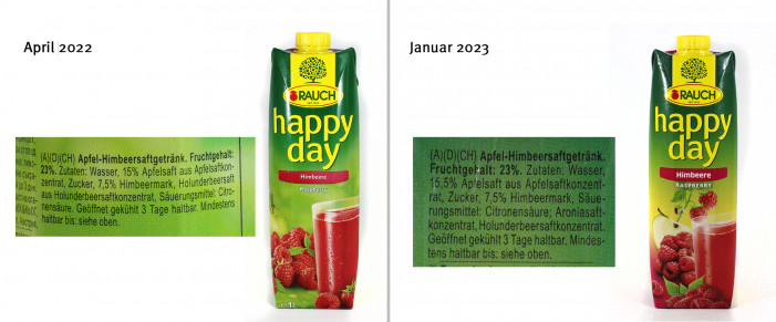 Rauch Happy Day Himbeere, April 2022 und Januar 2023