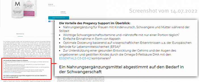Werbung, More Nutrition Pregnancy Support, morenutrition.de, 14.07.2022