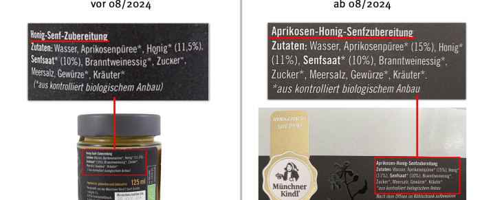 alt: Münchner Kind'l Honig Senf, bis 08/2024; neu: ab 08/2024, Herstellerfoto
