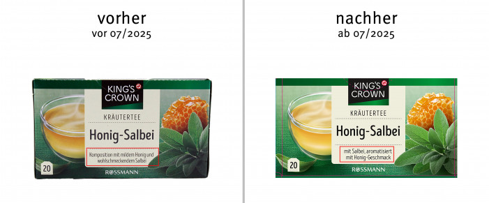 alt: Kings Crown Kräutertee Honig Salbei vor 07/2025; neu: ab 07/2025; Herstellerfoto