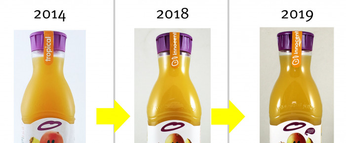 alt: innocent tropical juice/tropischer Mix, vor 2019; neu: innocent Gelber Multi-Mix, 2019