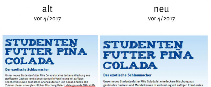 alt: Farmer`s Snack Studentenfutter Pina Colada auf farmers-snack.net, Januar 2017 neu: April 2017 