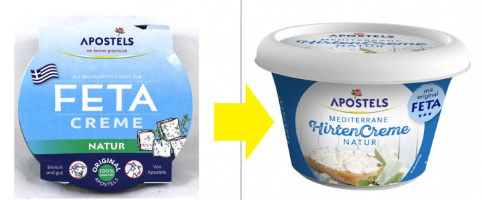 alt: Apostels Feta Creme 2018; neu: Mediterrane HirtenCreme 2019; Herstellerfoto