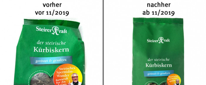 alt: Estyria Steirer Kraft der steirische Kürbiskern, vor November 2019; neu: ab November 2019 (Herstellerfoto)