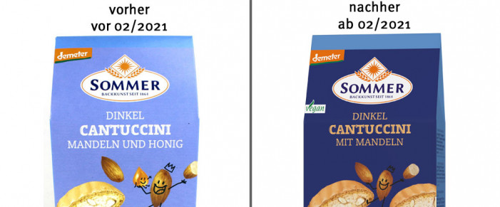alt:Sommer Dinkel Cantuccini Mandeln und Honig, bis 02/2021; neu: Dinkel Cantuccini mit Mandeln, ab 02/2021