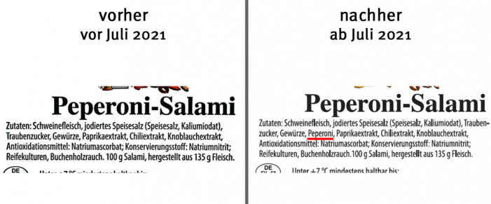 alt: Zutaten, Wiltmann Peperoni Salami, vor Juli 2021; neu: ab Juli 2021