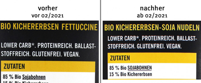 alt: Bezeichnung + Zutaten, Just Taste Bio Kichererbsen Fettuccine, bis 02/2021; neu: ab 02/2021