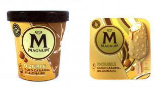 Langnese Magnum Double Gold Caramel Billionaire, rechts im Becher, links als Eis am Stiel