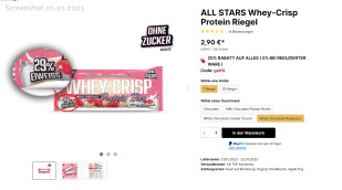Angebot all stars Whey Crisp Protein Bar, Beispiel Sorte Weiße Schokolade Himbeere auf allstars.de, 20.01.2023 