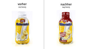 alt: Müllermilch Bananengeschmack, 02/2023; neu: 04/2023