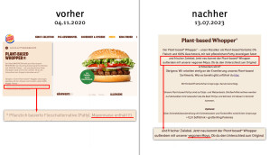 alt: Beschreibung, Burger King Plant-Based Whopper, burgerking.de, 04.11.2020; neu:  13.07.2023