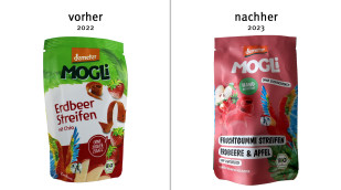 alt: Mogli Erdbeer Streifen mit Chia, 2022; neu: Mogli Fruchtgummi Streifen Erdbeere & Apfel, 2023