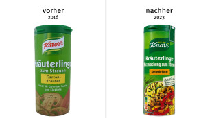 alt: Knorr Kräuterlinge Gartenkräuter, 2016; neu: Knorr Kräuterlinge Würzmischung Gartenkräuter, 2023