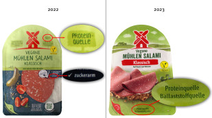 Vegane Mühlen Salami klassisch, 2022; Vegane Mühlen Salami klassisch, 2023 