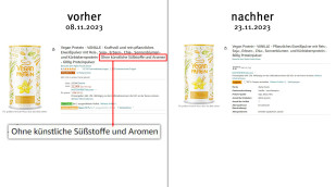 alt: Angebot Alpha Foods Vegan Protein Vanille, amazon.de, 08.11.2023, neu: 23.11.2023