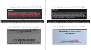 alt: Herkunft, Safer Salmon Räucherlachs geschnitten, safersalmon.de, 25.05.2023 und Verpackung; neu: 14.05.2024