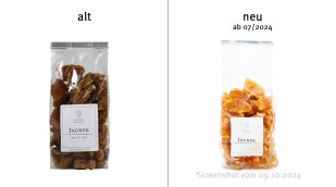 Zwei Packungen mit Ingwer. Die links abgebildete Packung wirbt mit "ohne Zucker". Die neue Packung ist ohne den Hinweis.