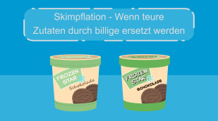 Zwei Illustierte Schokoladeneis Verpackungen mit geringer optischer Änderung. Text: Skimpflation - Wenn teure Zutaten durch billige ersetzt werden