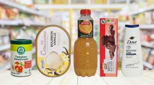 Mogelpackungen des Jahres. Lebensbaum Tomaten-Gewürzsalz von Ulrich Walter, Cremissimo Bourbon Vanille von Unilever, Granini Trinkgenuss Orange von Eckes-Granini, Biscotto Waffelblättchen von Aldi Nord, Dove Duschcreme von Unilever