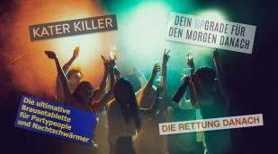 Feiernde Menschen, im Vordergrund die Claims der Katermittel-Hersteller