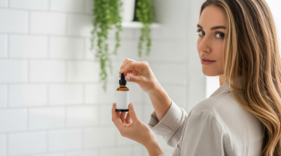 Frau mit Pipettenfläschchen