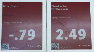 Preisauszeichnung Erdbeeren/Kirschen