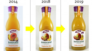 alt: innocent tropical juice/tropischer Mix, vor 2019; neu: innocent Gelber Multi-Mix, 2019