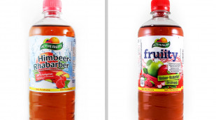 alt: Active Fruits Himbeer-Rhabarber, vor 4/2018; neu: Active Fruits fruiity Himbeer-Rhabarber Geschmack, 4/2018