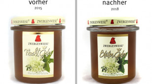alt: Zwergenwiese Fruchtgelee Holunderblüte, vor 2018; neu: Blütengelee Holunderblüte, ab 2018