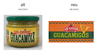 alt: Los Amigos Guacamole, vor Mai 2017, neu: Los Amigos Guacamigos Dip it!, ab Mai 2017, Herstellerfoto