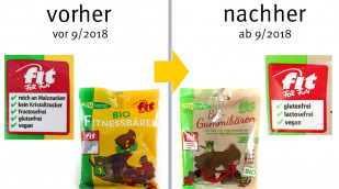 alt: Frusano Bio Fitnessbären, vor 09/2018; neu: Frusano Bio Gummibärchen, ab 09/2018