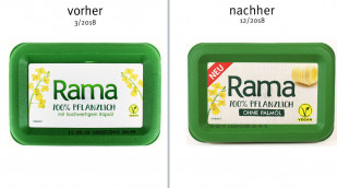 vorher: Deckel, Rama 100 % Pflanzlich, März 2018; nachher: Dezember 2018 