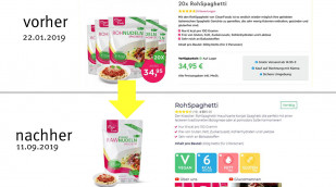 alt: Angebot CleanFoods Rohnudeln Spaghetti auf rohnudeln.de, Screenshot 22.01.2019; neu: Angebot CleanFoods Konjak RawNudeln Spaghetti auf cleanfoods.de, Screenshot 11.09.2019
