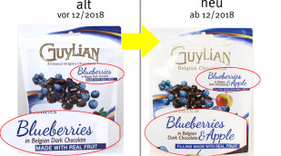 alt: Guylian Blueberries, vor 12/2018, neu: Guylian Blueberries & Apple, ab 12/2018
