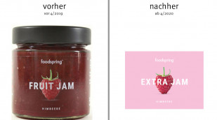 alt: Front, foodspring Fruit Jam Himbeere 2019; neu: Front, foodspring Extra Jam ab Frühjahr 2020, Herstellerfoto