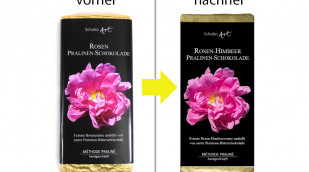 alt: Schoko Art Rosen Pralinen-Schokolade vor 12/2019; neu: Rosen-Himbeer Pralinen-Schokolade ab 12/2019, Herstellerfoto