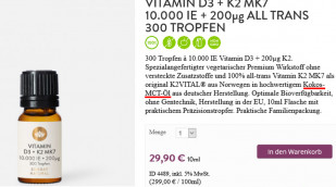 Angebot Vitamin D3 + K2 MK7 10.000 IE + 20 µg auf sunday.de, 01.04.2020