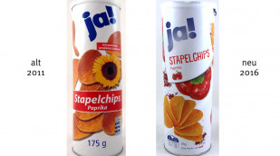 alt: Ja! Stapelchips Paprika, vor 2016; neu: Ja! Stapelchips Paprika, nach 2016
