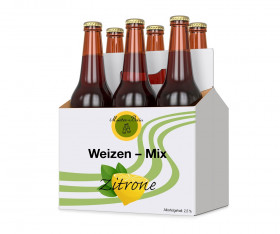 Anbieterneutrale Darstellung eines Six-Packs Bier mit der Aufschrift "Weizen-Mix Zitrone"