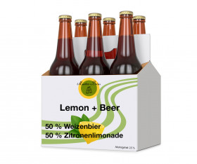 Anbieterneutrale Darstellung eines Six-Packs Bier mit der Aufschrift "Lemon + Beer"